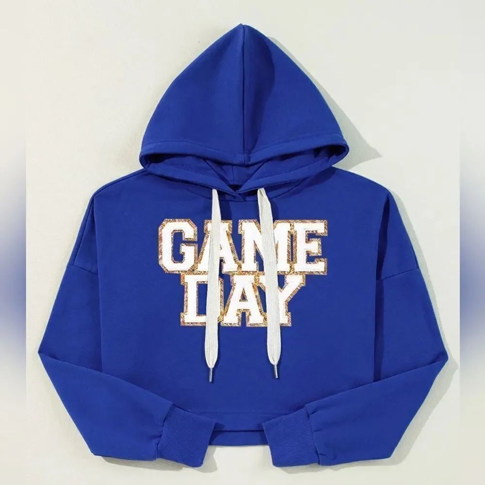 Women's Casual All Day Blue 'Game Day' Crop Drawstring Hoodie